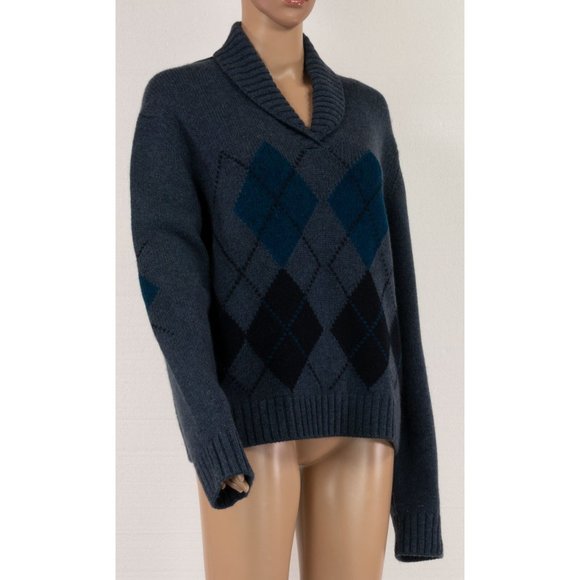 $2995 LORO PIANA 100% CASHMERE DARK BLUE ARGYLE PATTERN SHWAL COLLAR SWEATER  44 - Picture 6 of 6